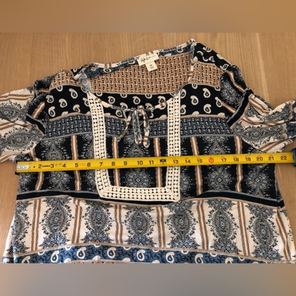 Style & Co|Boho mixed pattern tan jersey knit long sleeve blouse, asymmetrical• - Picture 10 of 10